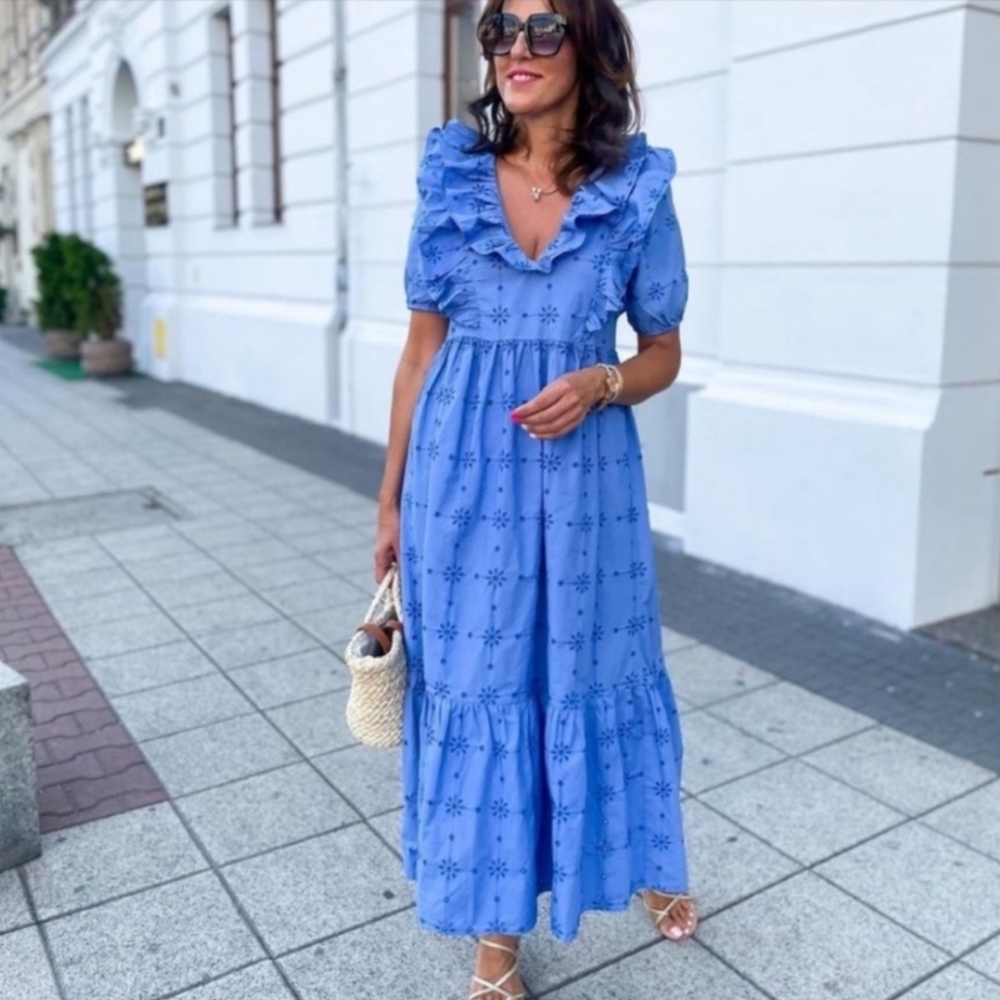 Zara * openwork embroidered dress boho flowy blue size xs - Picture 3 of 11